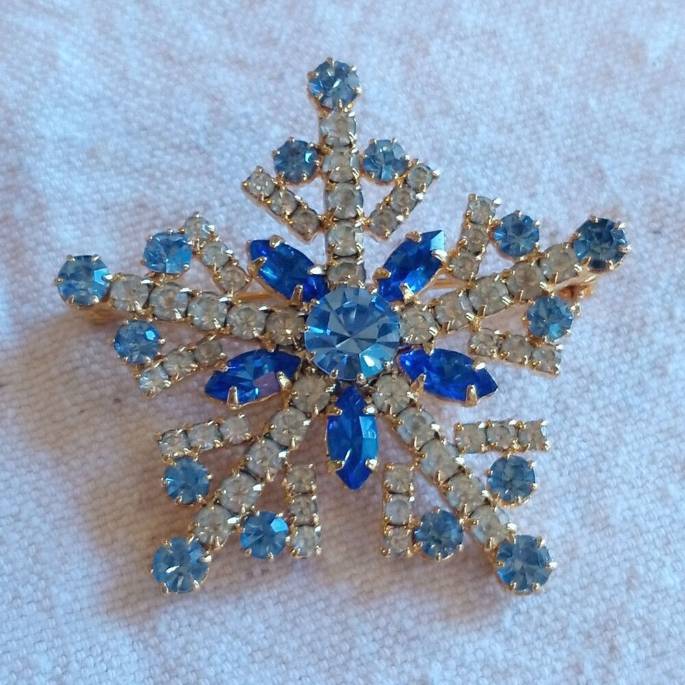 Snowflake Winter Brooch Pin 1.75" Icy Blues & Clear Rhinestones Gold Prong Set
